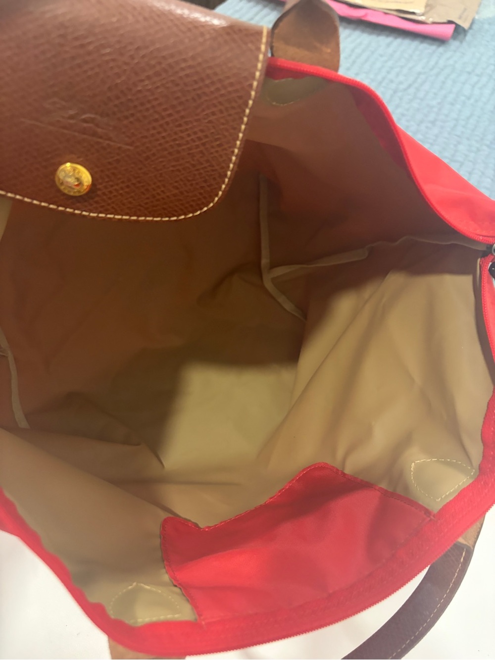 Longchamp Le Pliage Red Nylon Tote Bag with Brown Leather Trim Handle - Picture 6 of 13